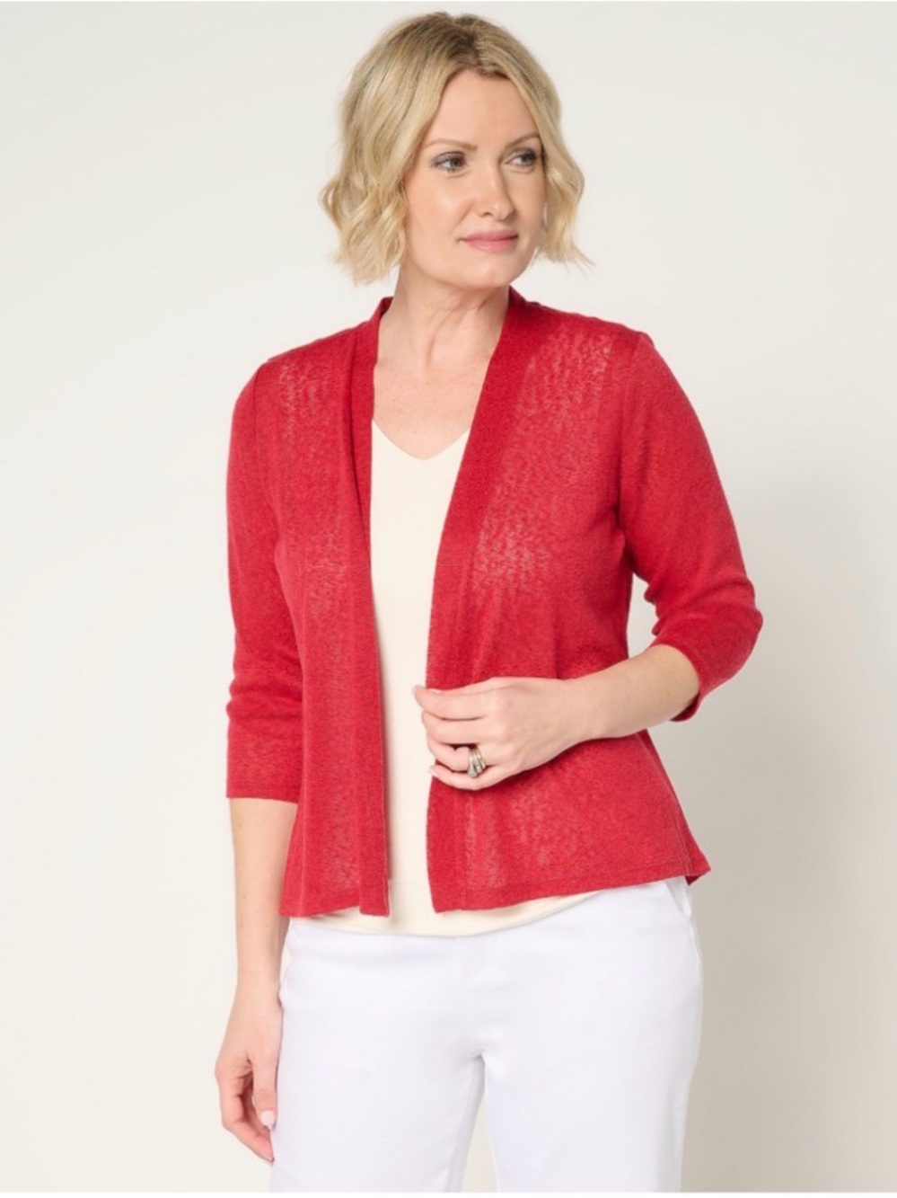 Denim & Co. Essentials 3/4-Sleeve Slub Knit Cardigan Size Medium Apple Red